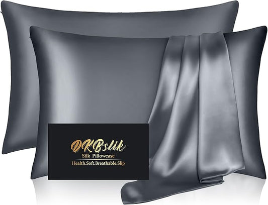 Silk Pillowcase 2 Pack, Mulberry Silk Pillow Cases Queen Size Set of 2, Anti Acne Silk Pillowcase for Hair and Skin, Natural Silk Satin Pillowcases for Sleeping Women 2 Pack with Zipper, Space Grey