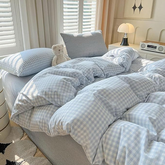 Nayoroom Gingham Duvet Cover Twin Size Blue White Plaid Checkered Comforter Cover 2 Pcs Soft Breathable Washed Microfiber Grid Farmhouse Bedding Set with Pillow Shams