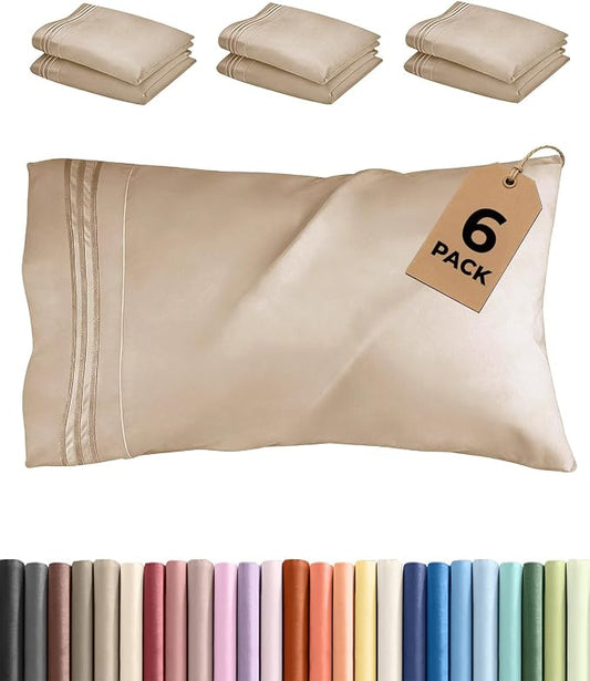 Standard Pillow Cases Set of 6 - Ultra Soft Hotel Quality Pillowcase Covers - Comfy, Cozy & Wrinkle Free - Shrink, Stain and Fade Resistant - Machine Washable Pillow Protectors - 6 Piece Set - Cream