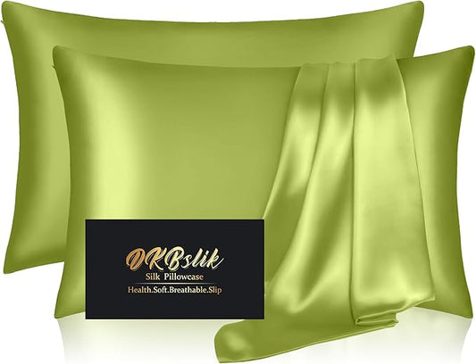 Silk Pillowcase 2 Pack, Mulberry Silk Pillow Cases Queen Size Set of 2, Anti Acne Silk Pillowcase for Hair and Skin, Natural Silk Satin Pillowcases for Sleeping Women 2 Pack with Zipper, Olive Green
