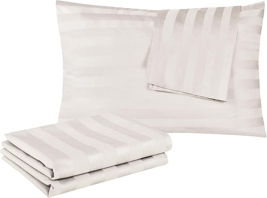 100% Egyptian Cotton King Pillow Protectors Set of 4, 400 Thread Count Sateen Weave Cooling Pillowcase, Easy Care Zippered Style Pillow Covers (4 Pack, Stripe-Light Beige, King)