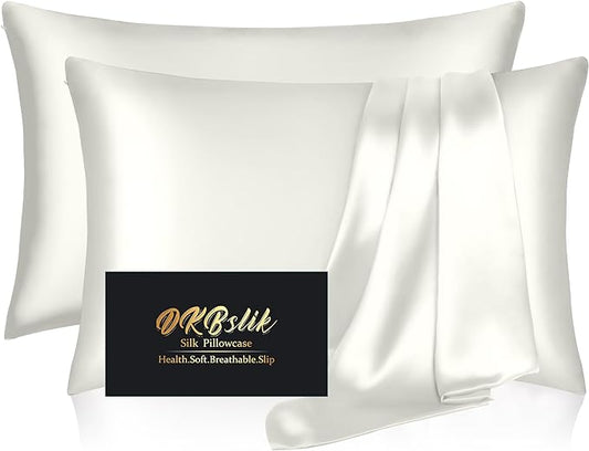 Silk Pillow Cases 2 Pack, Mulberry Silk Pillowcases Standard Set of 2, Health, Smooth, Anti Acne, Beauty Sleep, Both Sides Natural Silk Satin Pillow Cases for Women 2 Pack with Zipper for Gift, Ivory