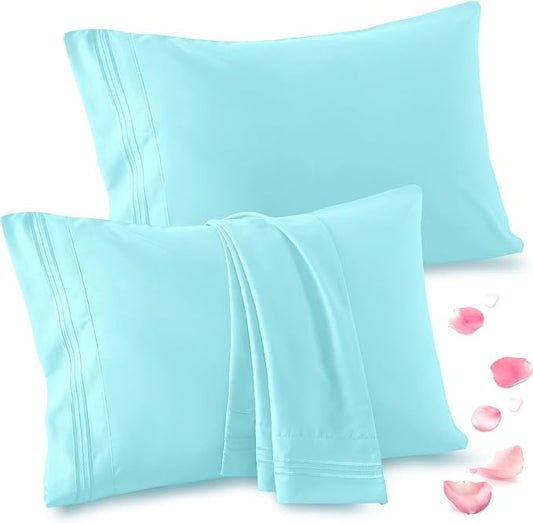Vonty 2 Pack King Pillow Cases - 20x40 Inch, 1800 Thread Count Microfiber Pillowcases King Size Aqua Blue Pillow Cases Luxury & Soft Embroidered Bed Pillow Covers with Envelope Closure