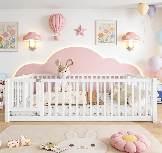 Bellemave Queen Size Montessori Floor Bed with 23.5" High Rails, Pine,Plywood Floor Bed with Small Door, White