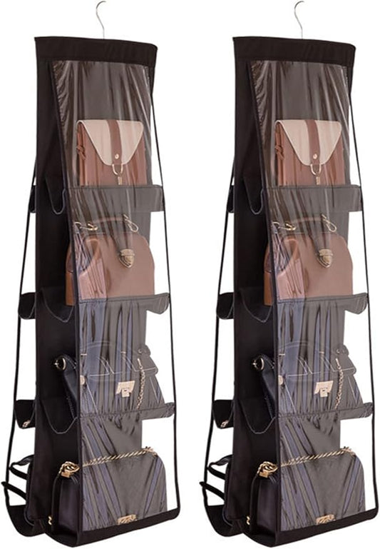 AARAINBOW 2 Packs Hanging Handbag Purse Organizer, Purse Bag Organizer Storage, 8 Pockets Hanging Bag Organizer for Closet Rack, Wardrobe Closet Space Saving Purses Holder, 41L*13.5W (B, 2 Black)