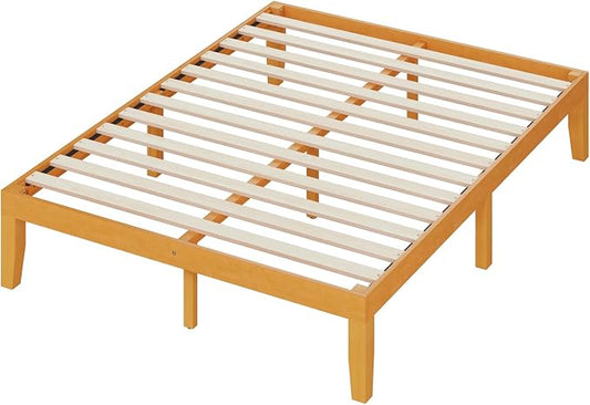 DUMOS 14 Inches Queen Size Wood Platform Bed Frame, Solid Wooden Mattress Foundation with Heavy Duty Wood Slat Support, Sturdy, No Box Spring Needed, Natural Pine