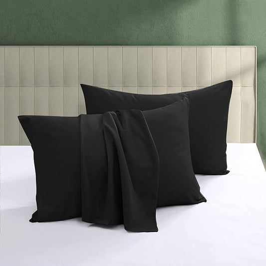 100% Egyptian Cotton Pillow Protectors Set of 2, 600 Thread Count Standard Size Bed Pillow Cases with Zipper, Sateen Weave Cooling Pillow Cases Quiet and Breathable Easy Care (2PCS, Standard, Black)