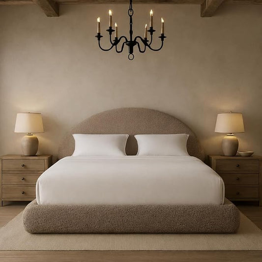 Round Bed – Washable Zip Cover - Upholstered Linen Soft Foam - Modular Minimalist Modern - Half Circle Moon - Sold Sold Separately (Taupe Boucle, Queen Headboard)