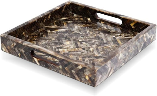 Handicrafts Home 12"x12" Decorative Tray, Resin Inlay Ottoman Coffee Table Tray with Handles, Square Serving Tray for Breakfast, Vanity, Centerpiece Decor for Living Room Dining