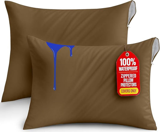 Utopia Bedding Premium 100% Waterproof Pillow Protectors with Zipper Queen Size (Set of 2), Bed Bug and Dust Mite Proof Zippered Pillow Covers, Pillow Encasement Cases, Mocha