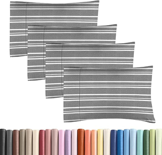 Standard Pillow Cases Set of 4 - Soft Hotel Quality Pillowcase Covers - Comfy, Cozy Bedding for Women, Men, Kids & Teens - Machine Washable Pillow Protectors - 4 Piece - Standard Size Grey Stripes
