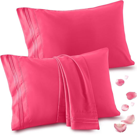 Vonty 2 Pack Standard Pillow Cases - 20x26 Inch, 1800 Thread Count Microfiber Pillowcases Standard Size Hot Pink Pillow Cases Luxury & Soft Embroidered Bed Pillow Covers with Envelope Closure