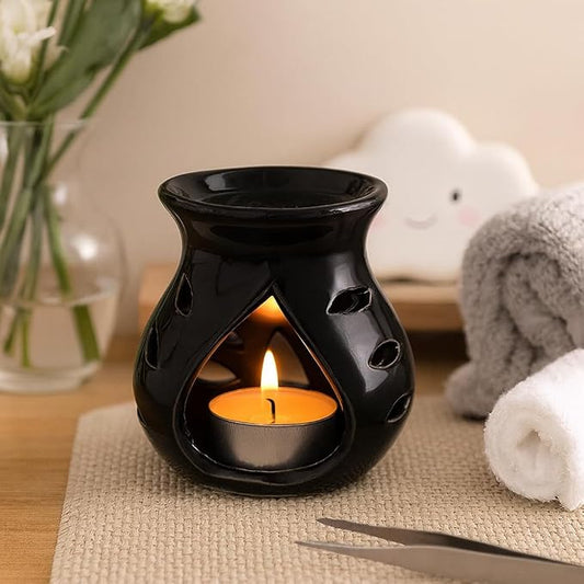 Pure Source India Ceramic Essential Oil Burner Wax Melt Burners |Aromatherapy| Ceramic Oil Diffuser| Candle Tealight Holder (Set of 1) Home Bedroom Decor Christmas Housewarming Gift, Black