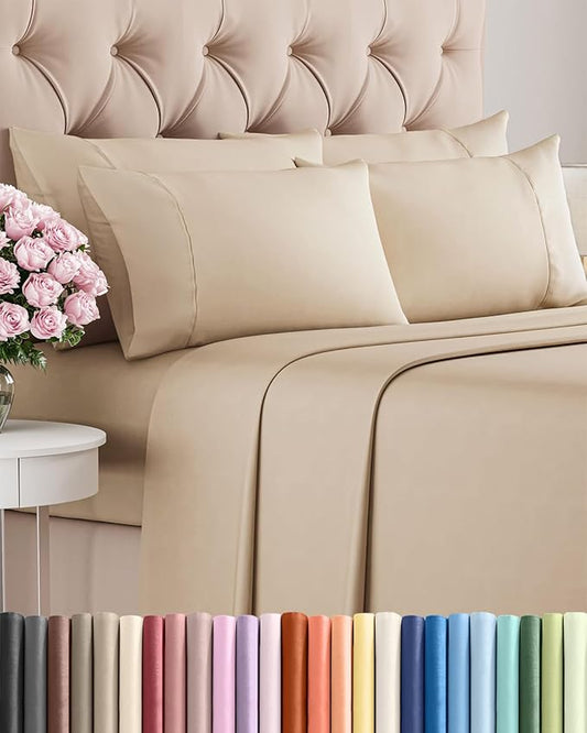 Queen 6 Piece Sheet Set - Comfy, Breathable & Cooling - Hotel Luxury Bedding for Women, Men, Kids, Teens and Children - 1 Flat & 1 Fitted Sheet & 4 Pillowcases w/ Deep Pockets - Wrinkle Free - Cream