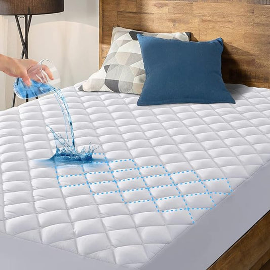HYLEORY Full XL Size Waterproof Mattress Pad Protector, Breathable Quilted Mattress Cover Noiseless Waterproof Fitted Sheet Mattress Topper Upto 21" Deep Pocket, White
