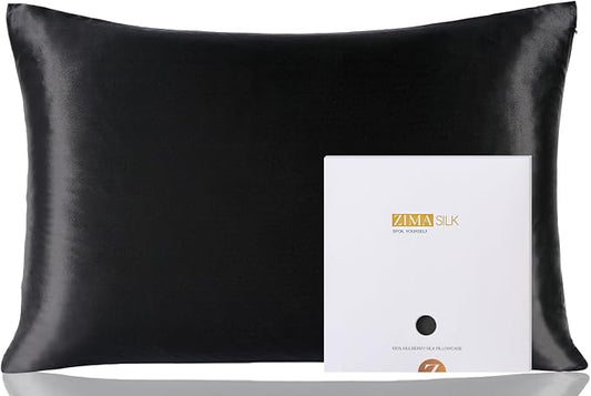 ZIMASILK 100% Pure Mulberry Silk Pillowcase for Hair and Skin Health,Soft and Smooth,Both Sides Premium Grade 6A Silk,600 Thread Count,with Hidden Zipper,1pc(Standard 20''x26'',Black)