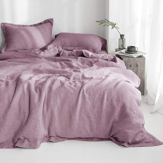 Simple&Opulence 100% French Flax Linen Duvet Cover Set with Embroidery Washed - 3 Pieces (1 Duvet Cover with 2 Pillow Shams) with Button Closure Soft Breathable Farmhouse - Purple, King Size