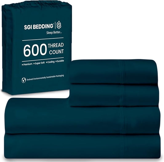 SGI bedding 100% Egyptian Cotton Sheets Full XL Size – 600 Thread Count Sheets Set, Soft, Cooling, 15" Deep Pocket, Luxury Hotel Bedding, Breathable, Durable - Teal