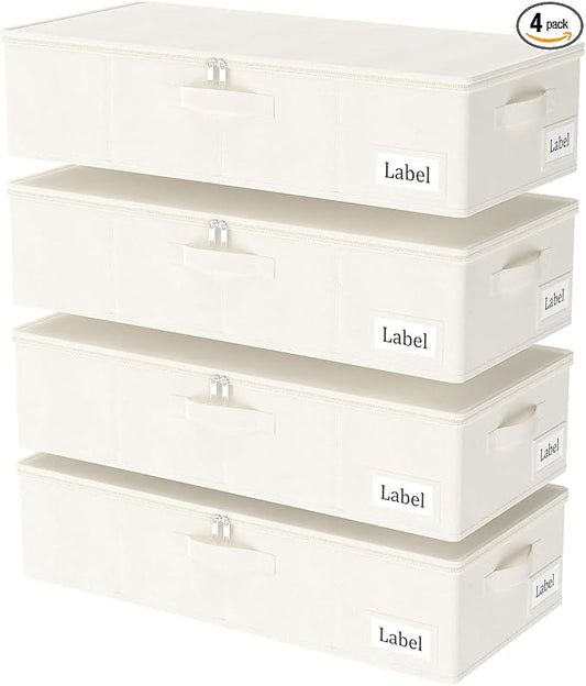 Yawinhe Underbed Bags, Storage Containers Bags with Lid, Foldable Blanket Bins, with Sturdy Zipper und Label Holders, for Clothing, 23.6''Lx11.8''Wx6''H, 4 Pack, Beige