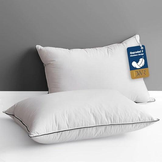 DWR Luxury Hotel Goose Feather Down Pillows Standard Size Set of 2, Medium Firm Bed Pillows for Sleeping, 100% Organic Cotton Cover, Soft Yet Supportive Polyester Surround, White 20"x26"