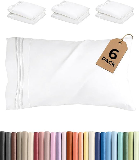 Queen Pillow Cases Set of 6 - Ultra Soft Hotel Quality Pillowcase Covers - Comfy & Wrinkle Free - Shrink, Stain & Fade Resistant - Easy-Care, Machine Washable Pillow Protectors - 6 Piece Set - White