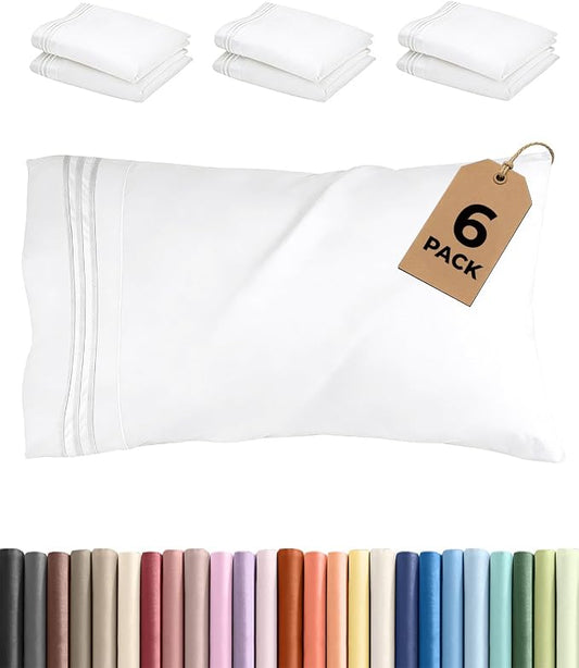 King Pillow Cases Set of 6 - Ultra Soft Hotel Quality Pillowcase Covers - Comfy & Wrinkle Free - Shrink, Stain and Fade Resistant - Easy-Care, Machine Washable Pillow Protectors - 6 Piece Set - White