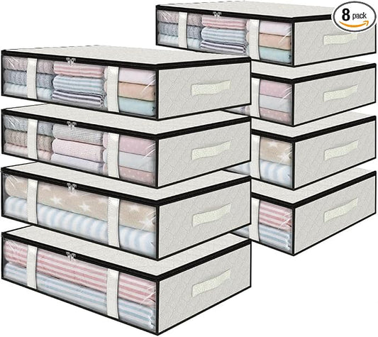 StorageRight Under Bed Storage Bags 8 Pack, 40L Large Clothes & Comforter Storage Containers with Clear Window, Breathable Fabric Organizer for Blankets, Bedding, Seasonal Clothing, White