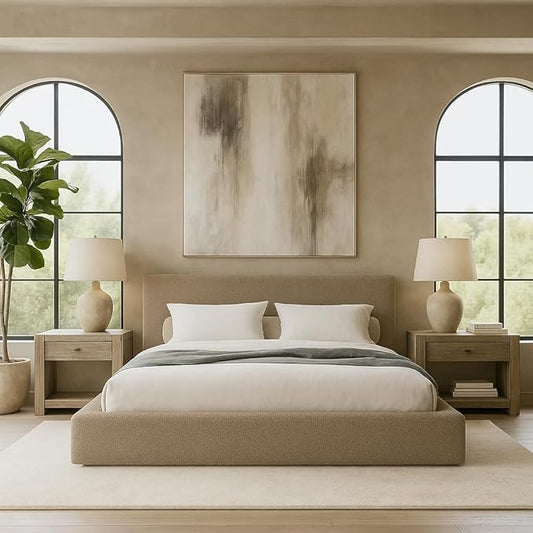 Square Bed – Washable Cover - Soft Upholstered Linen - Minimalist Modern - Sold Separately (Taupe Boucle, Queen Base)