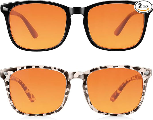 2 Packs Professional Sleep Glasses with 98.7% Blue Light Blocking Dual AR Coatings Amber Lens, Computer Gaming Glasses for Men Women, Anti Fatigue & Eye Strain