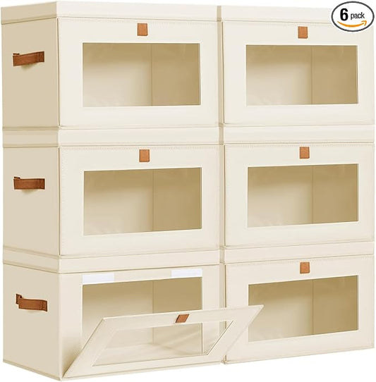 DIMJ Storage Bins with Lids - 6 Pack Large Fabric Closet Organizer with Window & Handles, Collapsible Decorative Storage Boxes for Shelves Under Bed, Books Clothes Blankets Sweaters Organization