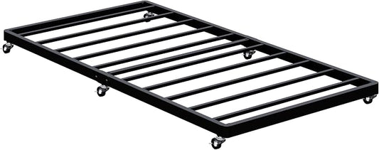 Lutown-Teen Twin Trundle Bed Frame with Metal Slats, Roll-Out Design, Easy Assembly Steel Frame with Lockable Wheels, Noiseless Pull Out Bed for Bedroom, Living Room or Guest Room, Black