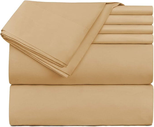 Hearth & Harbor Extra Deep Pocket Sheets - Fits Mattress 18-24 Inches Deep - Extra Deep Pocket Split King Size Sets - 7 Piece Split King Size - Camel