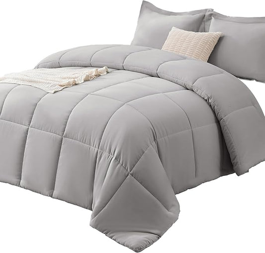 CozyLux Queen Comforter Set - 270GSM French Grey Bedding Sets for All Seasons, 3 Pieces Box Stitched Bed Set with 1 Down Alternative Comforter and 2 Pillow Shams, Soft, Lightweight, Breathable