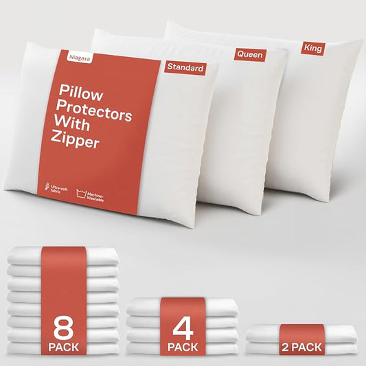 Niagara 2 Pack Standard Pillow Protectors with Zipper, Premium Cotton Sateen Blend Tight Weave Lab Tested Non Noisy Zip Covers Breathable Non Crinky (20x26 Inches)
