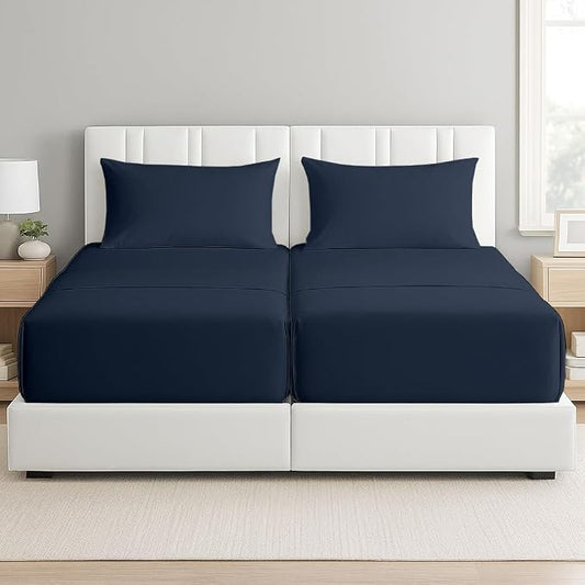 5 Piece Split Cal King Sheet Set, 100% Egyptian Cotton, 16 Inch Deep Pockets, Navy Blue Solid, Soft Cooling Sheets for Adjustable Beds, Sleep Number Beds, Split Cal King Mattress Sheet Set