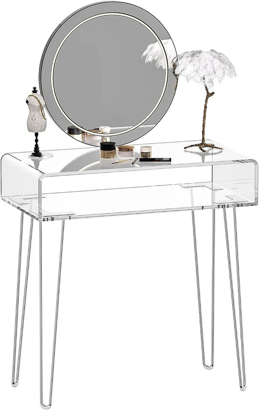 Eglaf Acrylic Vanity Desk - Small Makeup Vanity Table Dressing Table - 31.5'' L x 15.7'' W x 32.1'' H, Large Storage Space, for Bedroom, Dressing Room, Silver Metal Legs