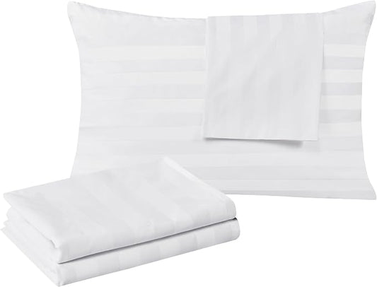 100% Egyptian Cotton Standard Pillow Protectors Set of 4, 400 Thread Count Sateen Weave White Cooling Pillowcase, Easy Care Zippered Style Pillow Covers (4 Pack, Stripe-White, Standard)