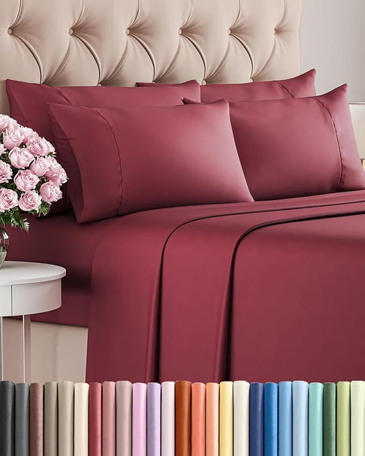 Cal King 6 Piece Sheet Set - Comfy Breathable & Cooling - Hotel Luxury Bedding for Women, Men, Kids, Teens & Children - 1 Flat & 1 Fitted Sheet & 4 Pillowcases w/ Deep Pockets, Wrinkle Free - Burgundy