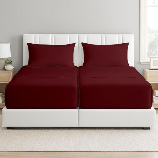 5 Piece Split Cal King Sheet Set, 100% Egyptian Cotton, 16 Inch Deep Pockets, Burgundy Solid, Soft Cooling Sheets for Adjustable Beds, Sleep Number Beds, Split Cal King Mattress Sheet Set