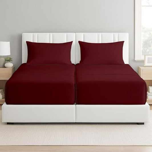 5 Piece Split Queen Sheet Set, 100% Egyptian Cotton, 16 Inch Deep Pockets, Burgundy Solid, Soft Cooling Sheets for Adjustable Beds, Sleep Number Beds, Split Queen Mattress Sheet Set