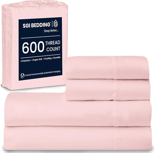 SGI bedding 100% Egyptian Cotton Sheets Twin Size – 600 Thread Count Sheets Set, Soft, Cooling, 15" Deep Pocket, Luxury Hotel Bedding, Breathable, Durable - Blush