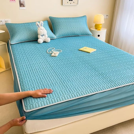 FCLDESHOP Snug Fit Mattress Protector,Solid Color Latex Sheet Mat Fitted Sheets, Summer Ice Box Spring Mattress Cover Bedding Sheets Pillowcase,Navy Blue,200cmx220cm (3pcs)