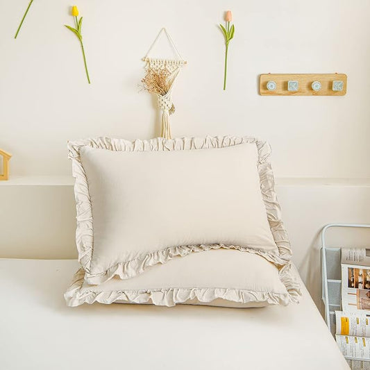 Merryword Beige Pillowcases Standard Ruffled Pillow Shams 20x26inch Beige Gray Ruffle Pillowcases Set of 2 Shabby Chic Pillow Cover