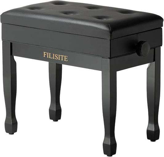 Adjustable Height Piano Bench Stool PU Leather Cushion Wooden Keyboard Seat with Music Storage (Black)