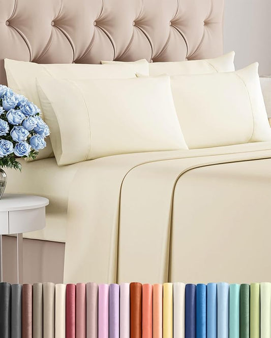 Queen 6 Piece Sheet Set - Comfy, Breathable & Cooling - Hotel Luxury Bedding for Women, Men, Kids, Teens & Children - 1 Flat & 1 Fitted Sheet & 4 Pillowcases w/ Deep Pockets - Wrinkle Free - Off White