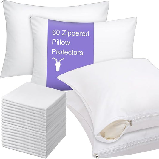 Shimeyao 8 Pcs 20 x 40 Inch Zippered Pillow Protectors Bulk, Standard Size Bedding Pillow Cases, Soft Breathable Cotton Sateen Dust Protection Covers White Protectors for Home Hotel Rental