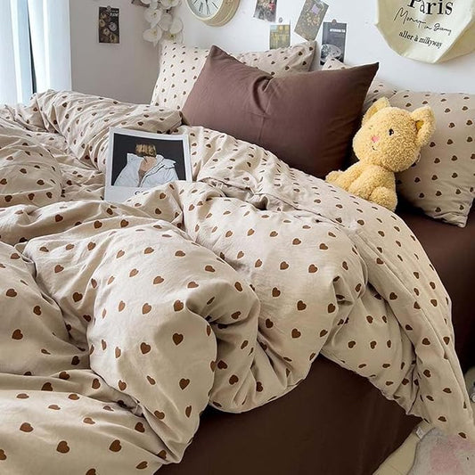 Nayoroom Brown Heart Duvet Cover Twin Size Vintage Hearts Printed on Taupe Duvet Cover Kids Girls 2 Pieces Soft Microfiber Farmhouse Bedding Set with Zipper Closure