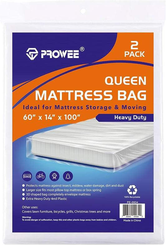 2 PK 4Mil Queen Mattress Bags for Moving – Heavy Duty Plastic Cover for Storage & Disposal, Waterproof & Tear-Resistant Moving Supplies