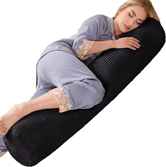 1 MIDDLE ONE Body Pillow for Adults, Long Bolster Pillow for Bed, Decorative Round Roll Hug Pillow with Corduroy Cover (Black, 47x7.87 Inch)