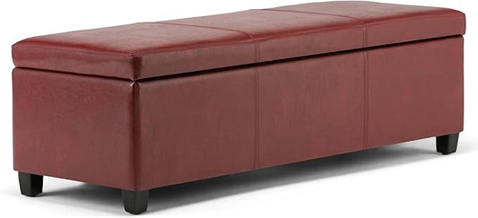SIMPLIHOME Avalon Storage Ottoman Bench - 48" Wide x 16" High Upholstered Vegan Leather Rectangular Lift-Top Ottoman in Red, Contemporary Storage Bench for Living Room with High-Density Foam